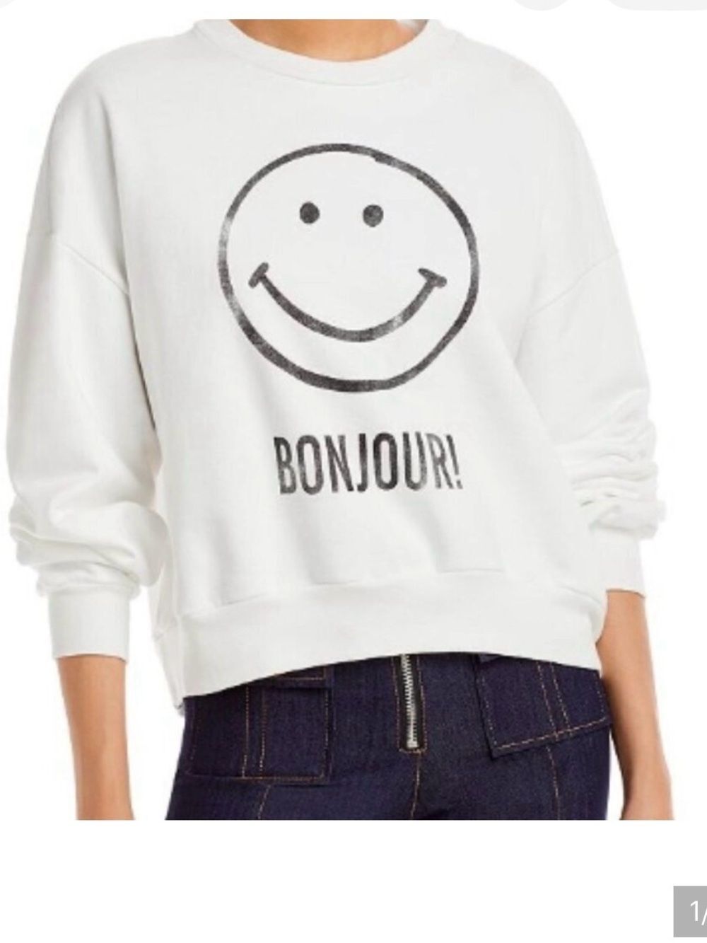 cinq a sept White Crewneck Sweatshirt with Black Smiley Bonjour
